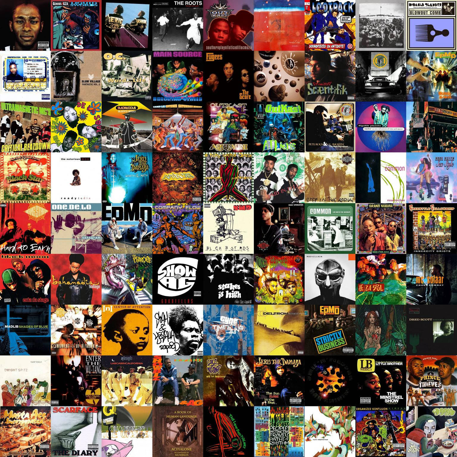 Hip Hop 桌布 壁紙 — 經典嘻哈專輯封面的鮮豔拼貼，包括 Wu-Tang、Nas 和 Kendrick Lamar 等藝術家，具有大膽的圖形和多樣的圖像。