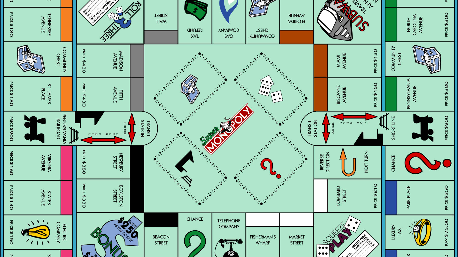 Monopoly 桌布 壁紙 — 經典大富翁棋盤遊戲佈局，色彩繽紛的物業空間和標誌性遊戲棋子。