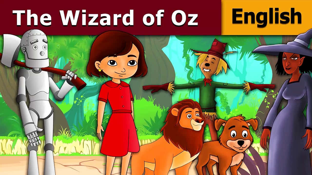 wizard of oz 桌布 壁紙 — 經典奧茲角色包括桃樂絲、鐵皮人、稻草人、獅子和邪惡女巫一起站在充滿活力的卡通森林中。
