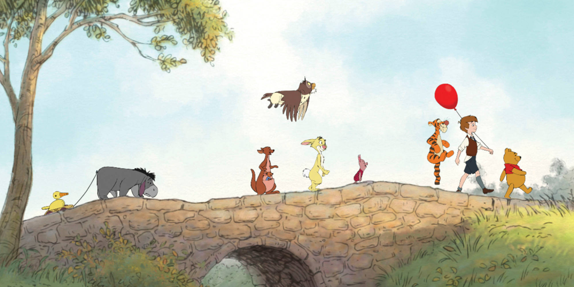 Eeyore 桌布 壁紙 — 經典小熊維尼角色在晴朗天空下漫步於石橋上，上方飄著一個紅色氣球。