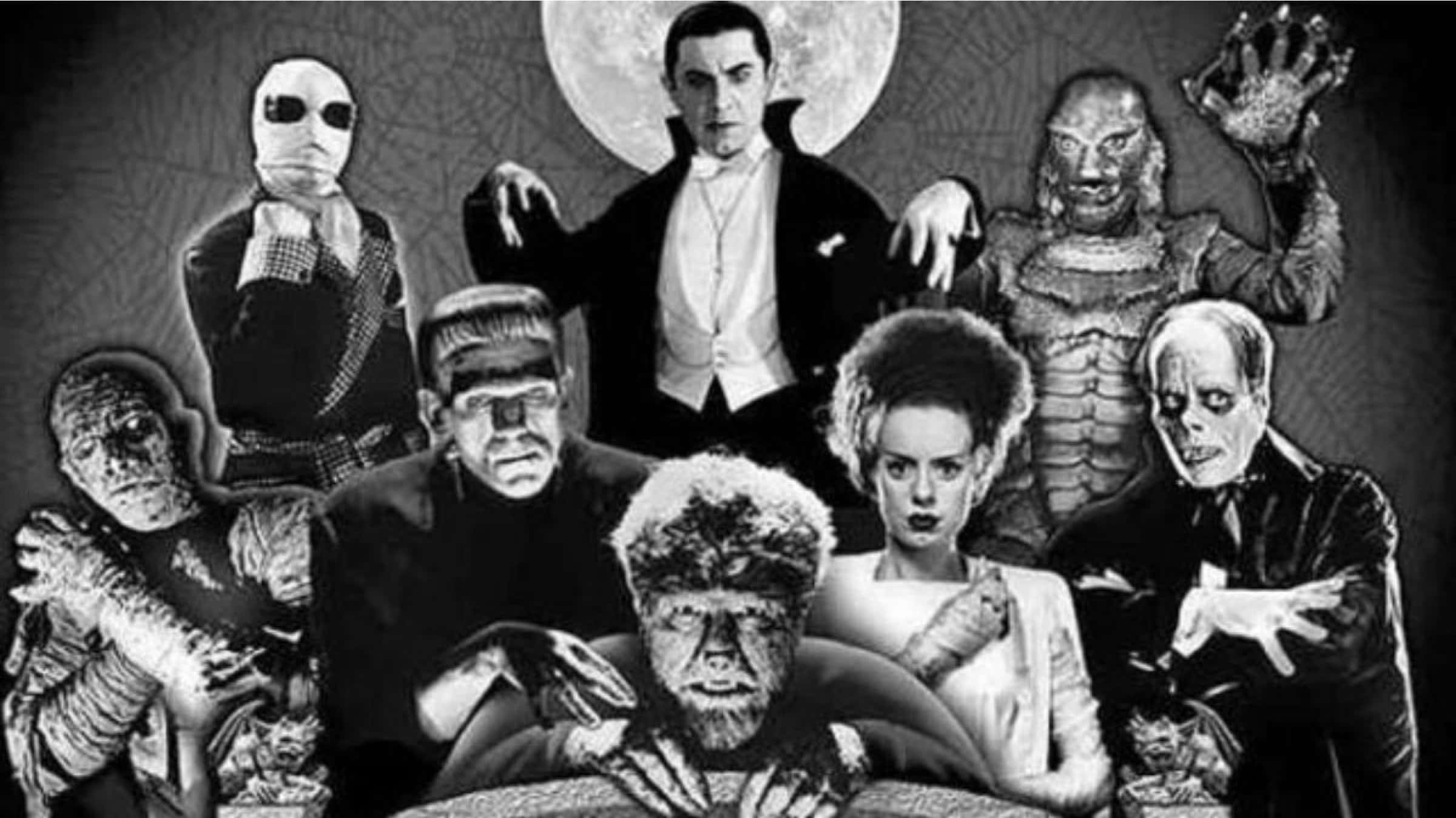 Frankenstein 桌布 壁紙 — 經典恐怖偶像如科學怪人的怪物和德古拉在滿月下以復古黑白拼貼畫戲劇性地擺姿勢。