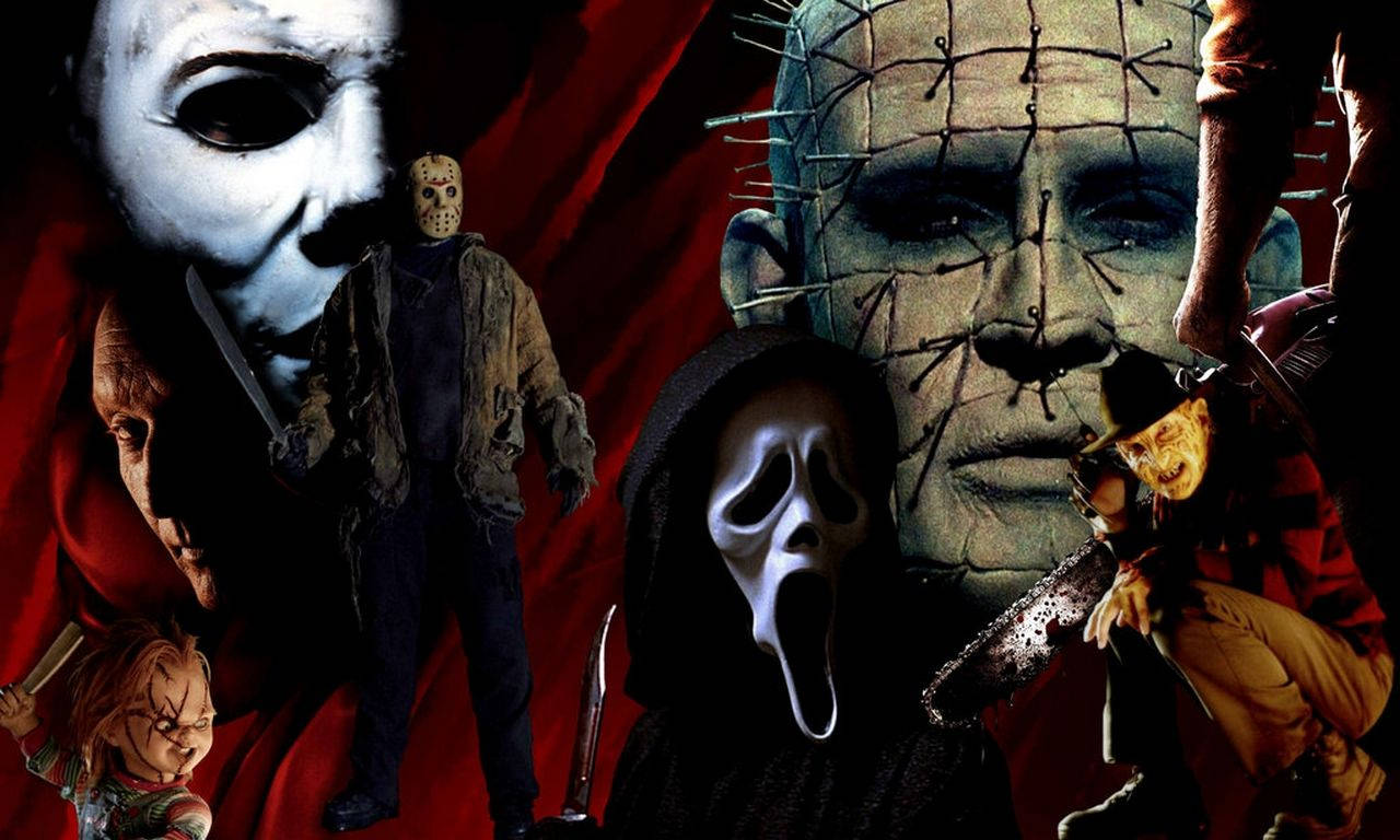 電影動圖 桌布 壁紙 — 經典恐怖電影反派拼貼畫，包括 Michael Myers、Jason Voorhees、Pinhead、Ghostface 和 Chucky，背景為深紅色。