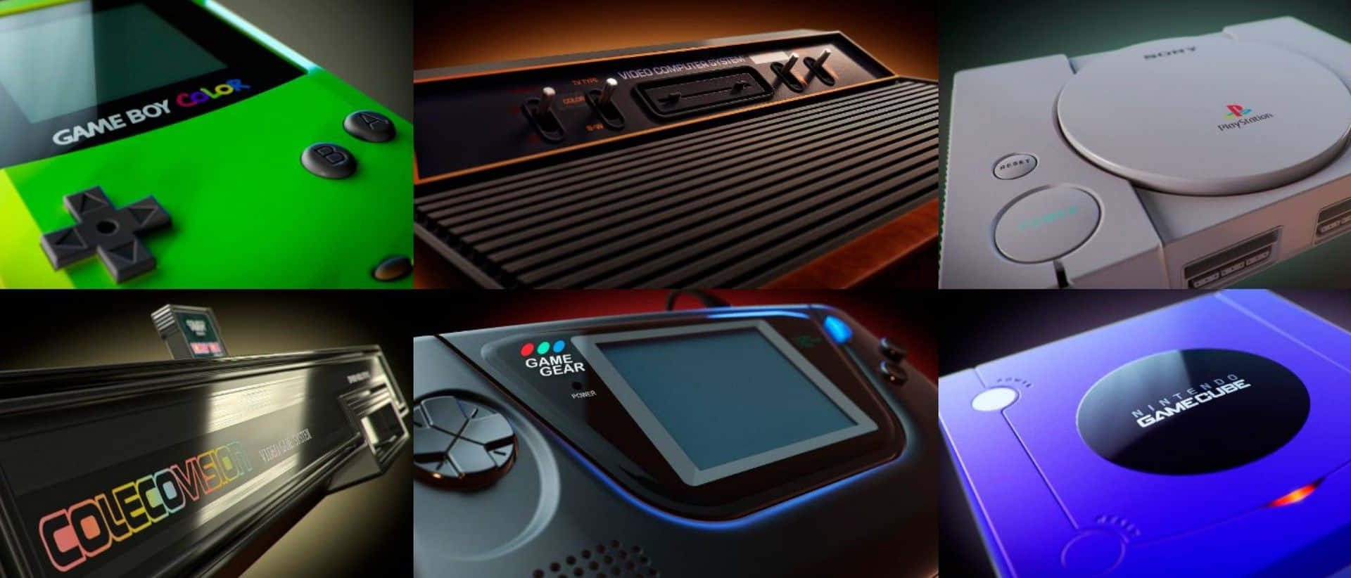 Gaming Consoles 桌布 壁紙 — 經典手持遊戲機和主機遊戲裝置（如 Game Boy Color 和 PlayStation）的拼貼畫，搭配鮮豔燈光。