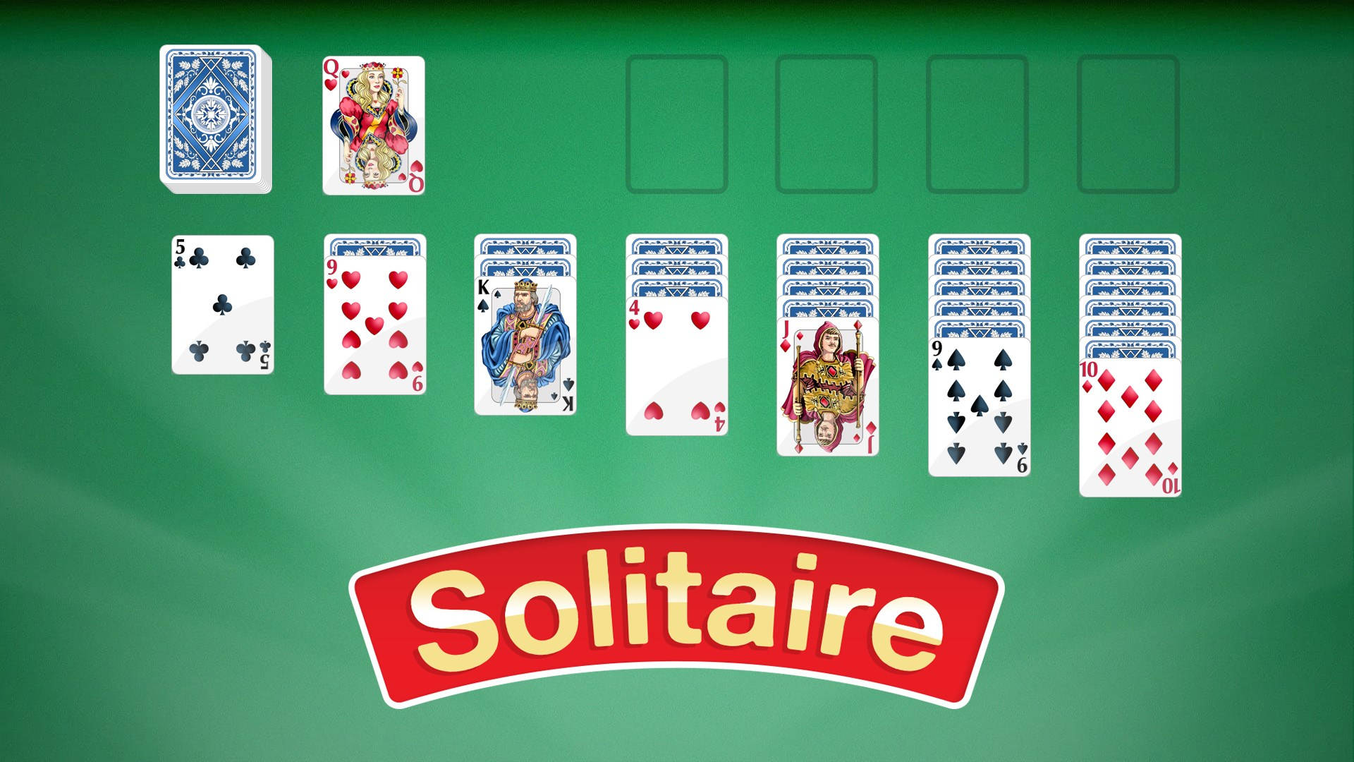 接龍紙牌遊戲，紙牌排列在綠色氈面背景上。 — Microsoft 壁紙