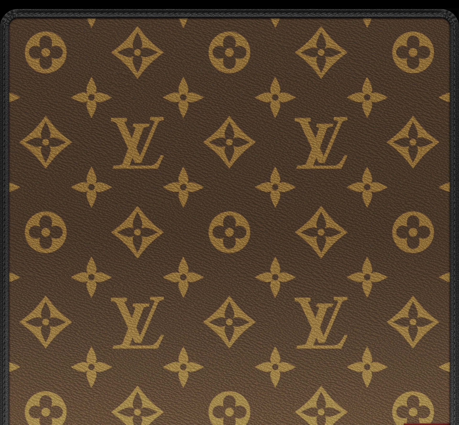 路易威登 桌布 壁紙 — 經典棕色 Louis Vuitton 字母組合圖案帆布，金色花卉和 LV 標誌重複出現，形成奢華圖案。