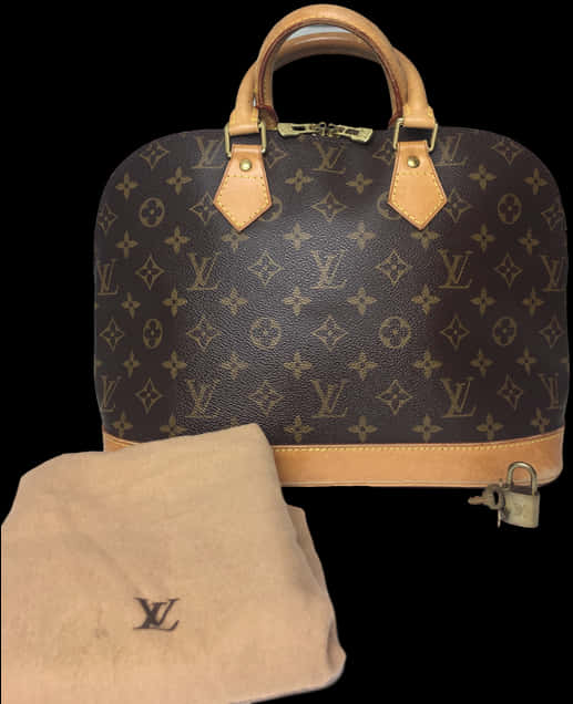 路易威登 桌布 壁紙 — 經典棕色 Louis Vuitton Alma 手提包，配以棕褐色皮革手柄和防塵袋，置於黑色背景前。