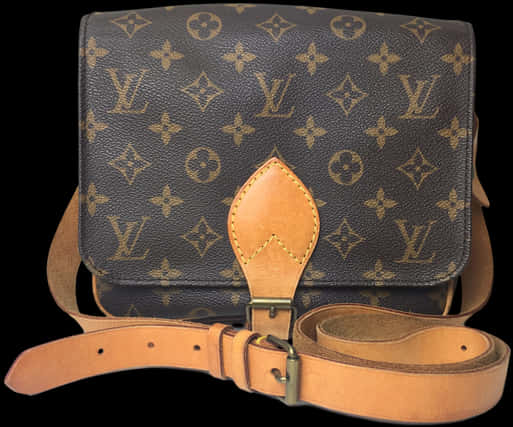 路易威登 桌布 壁紙 — 經典棕色 Louis Vuitton 字母組合帆布單肩包，配以棕褐色皮革肩帶和扣環，黑色背景。