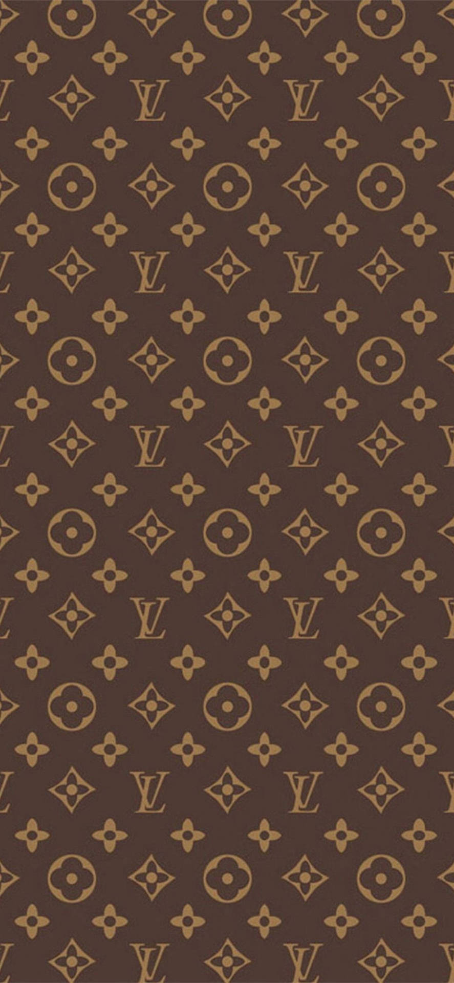 棕色 Louis Vuitton 字母組合圖案壁紙，帶有重複標誌和花卉設計。