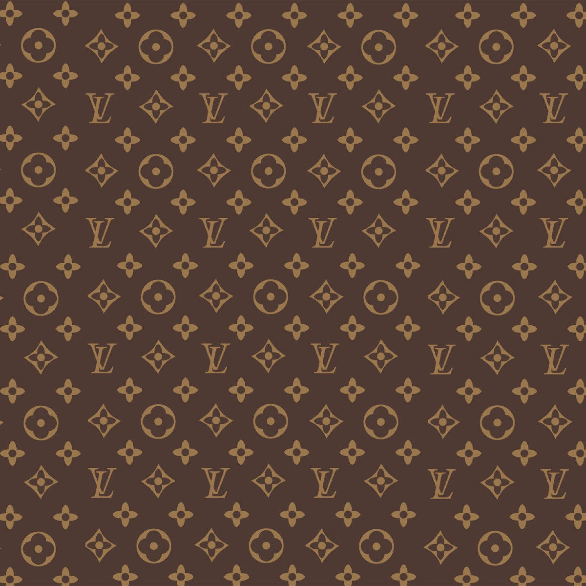 路易威登 桌布 壁紙 — 經典棕色 Louis Vuitton 字母組合圖案，在濃郁的巧克力背景上重複花卉和 LV 標誌。