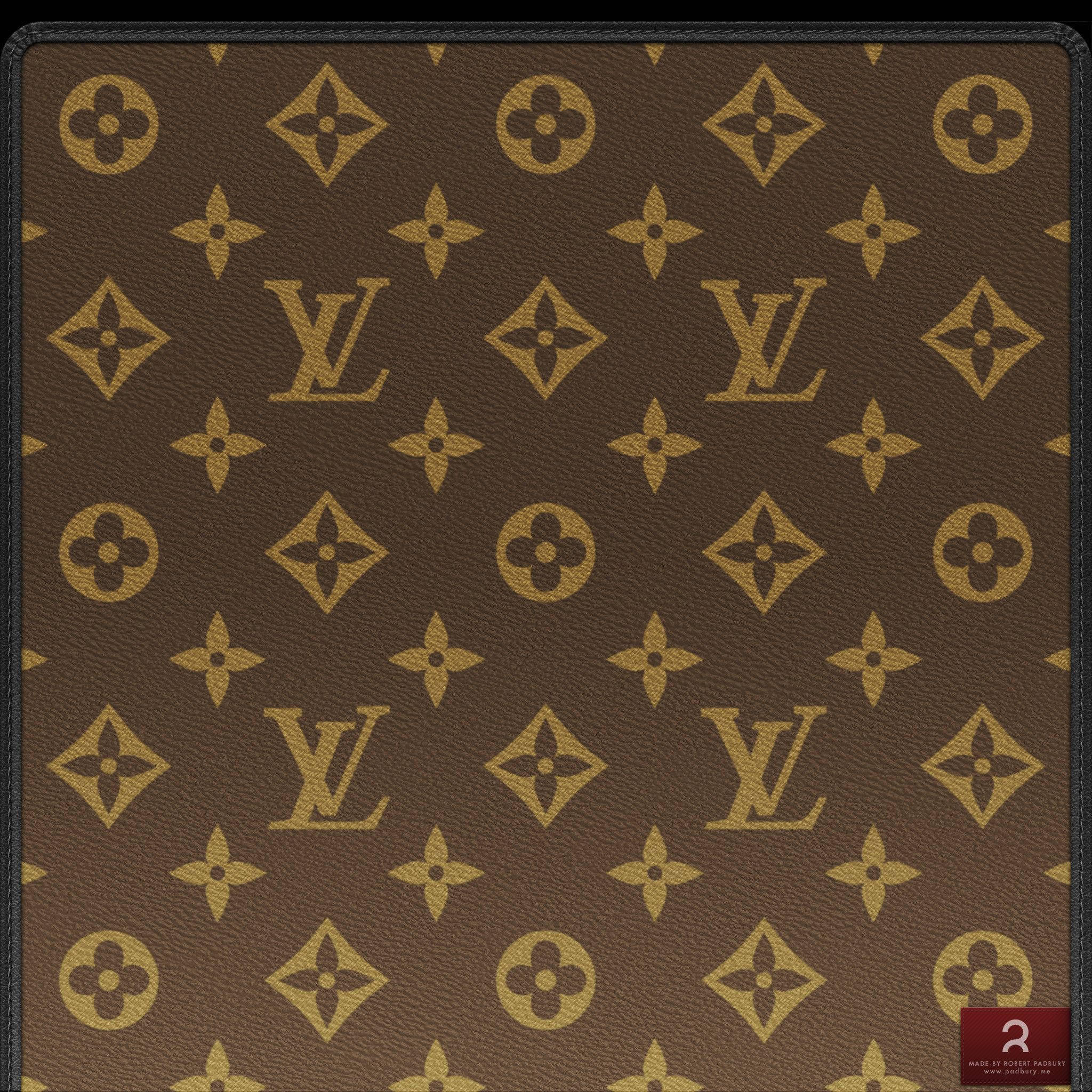 路易威登 桌布 壁紙 — 經典棕色 Louis Vuitton 字母組合帆布，在紋理皮革上重複金色花卉和 LV 標誌。