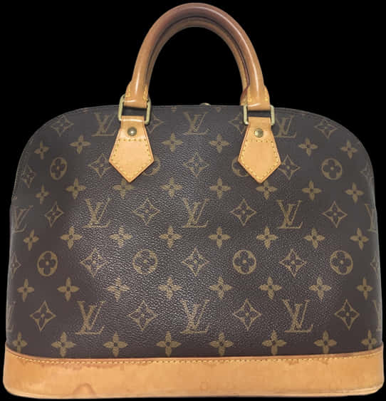 路易威登 桌布 壁紙 — 經典棕色Louis Vuitton Alma手提包，帶有Monogram圖案和棕褐色皮革手柄，黑色背景。