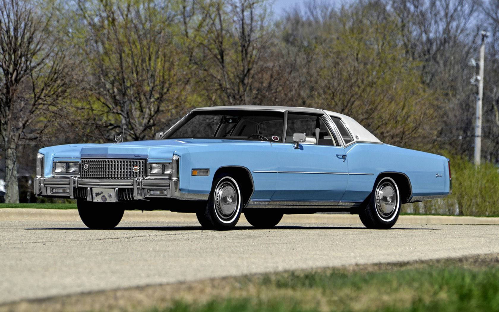 Cadillac 桌布 壁紙 — 經典淺藍色凱迪拉克 Coupe DeVille 白色車頂，停在碎石路上，附近有萌芽的樹木，天空晴朗。