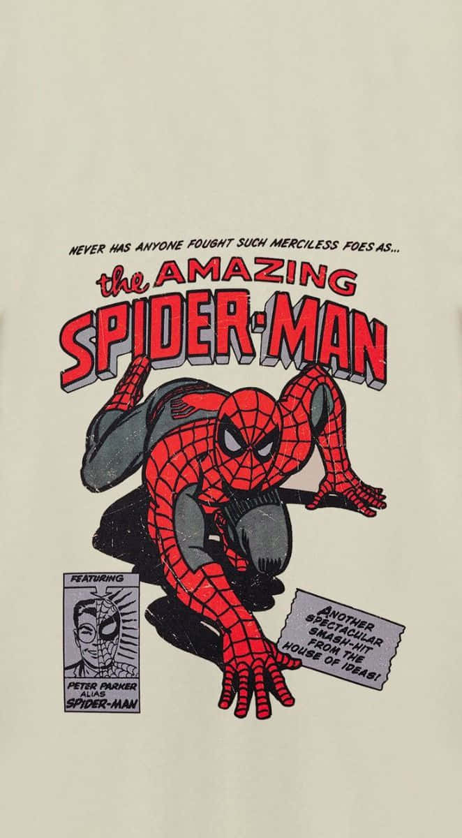 spider man poster 壁紙 — 經典漫畫封面，蜘蛛人穿著紅藍戰衣，在米色背景上動態蹲伏，帶有粗體標題文字。