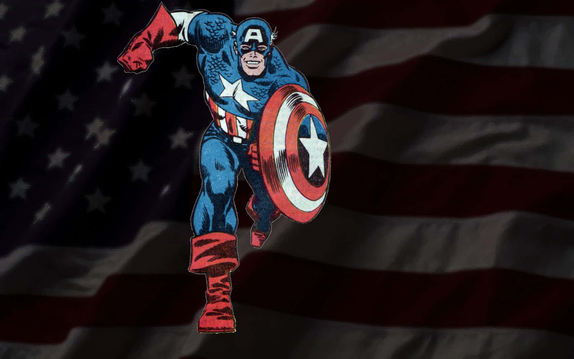 Retro Captain America 桌布 壁紙 — 經典漫畫藝術風格的美國隊長，在飄揚的美國國旗背景下，手持盾牌向前跳躍。
