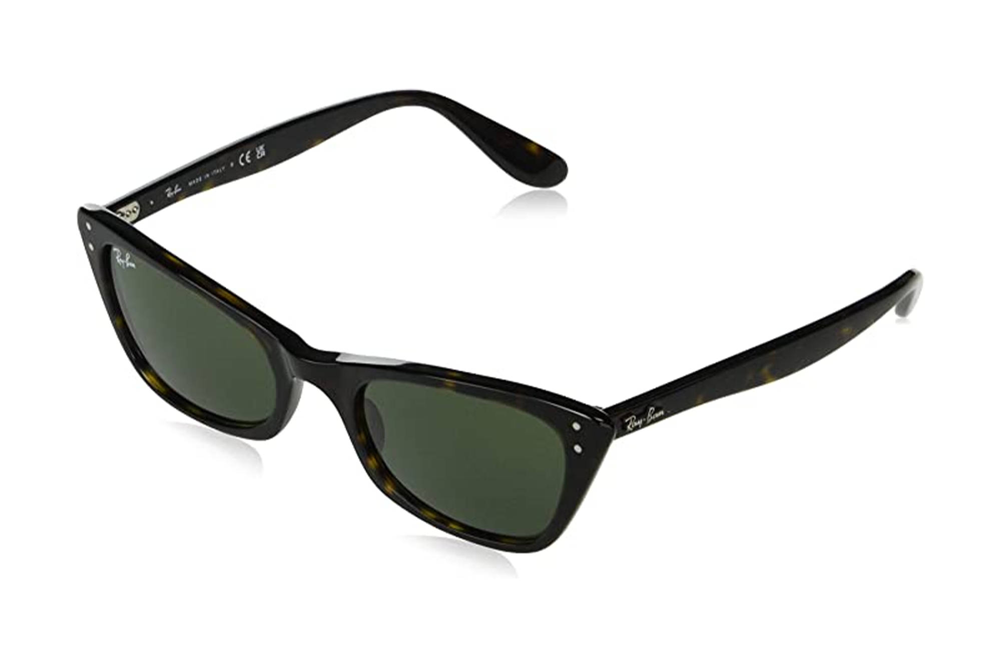 Sunglasses 桌布 壁紙 — 經典玳瑁太陽眼鏡，搭配綠色鏡片和銀色飾邊，置於潔白背景上。