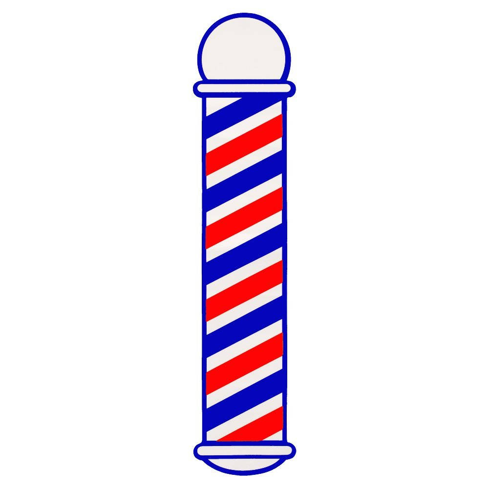 Barber 桌布 壁紙 — 經典理髮柱，帶有紅、白、藍斜紋條紋和白色圓頂頂部，背景為純色。