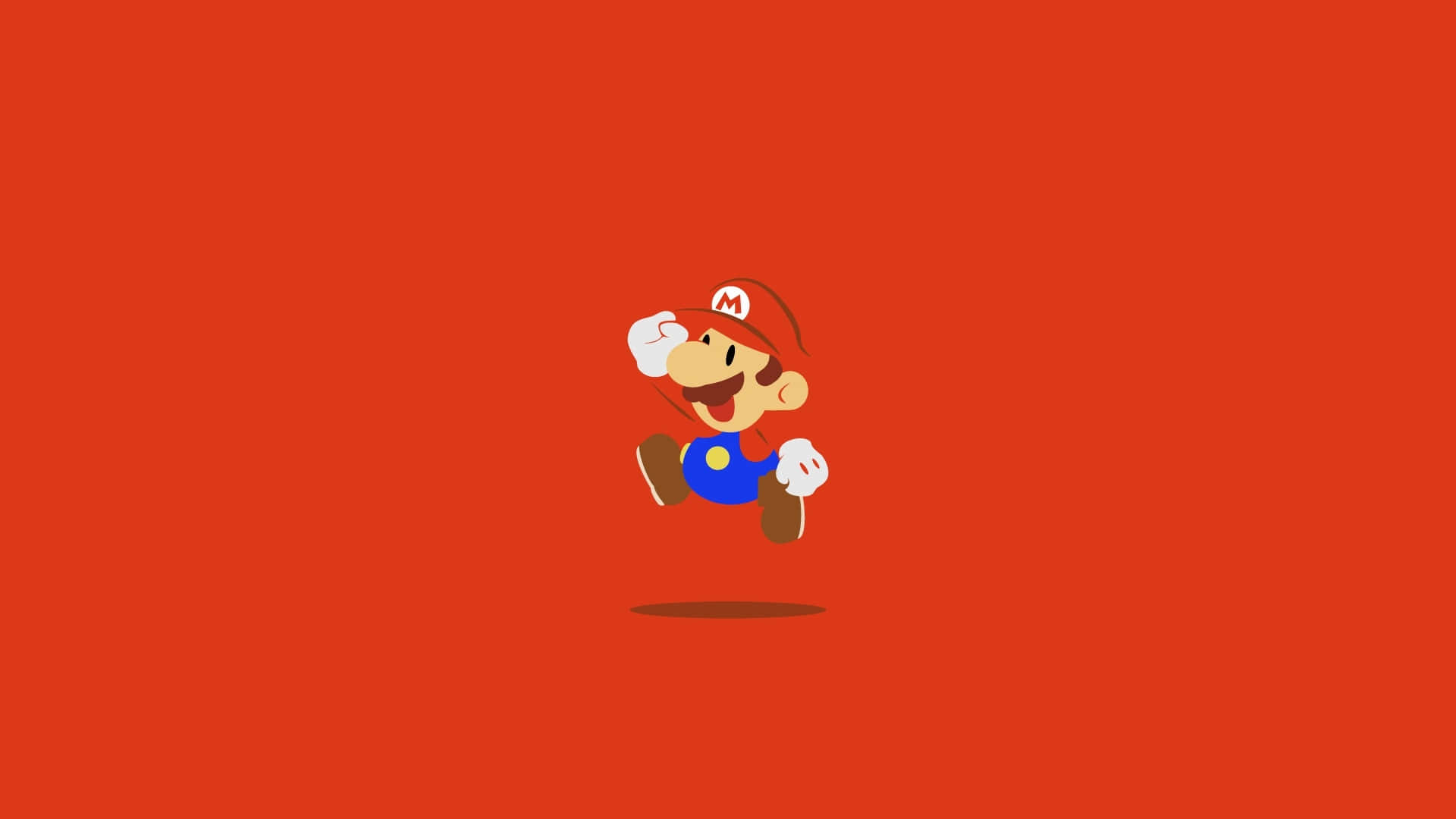 Minimalist Retro 桌布 壁紙 — 經典瑪利歐角色在純紅色背景上歡快地跳躍，帶有微妙的陰影。