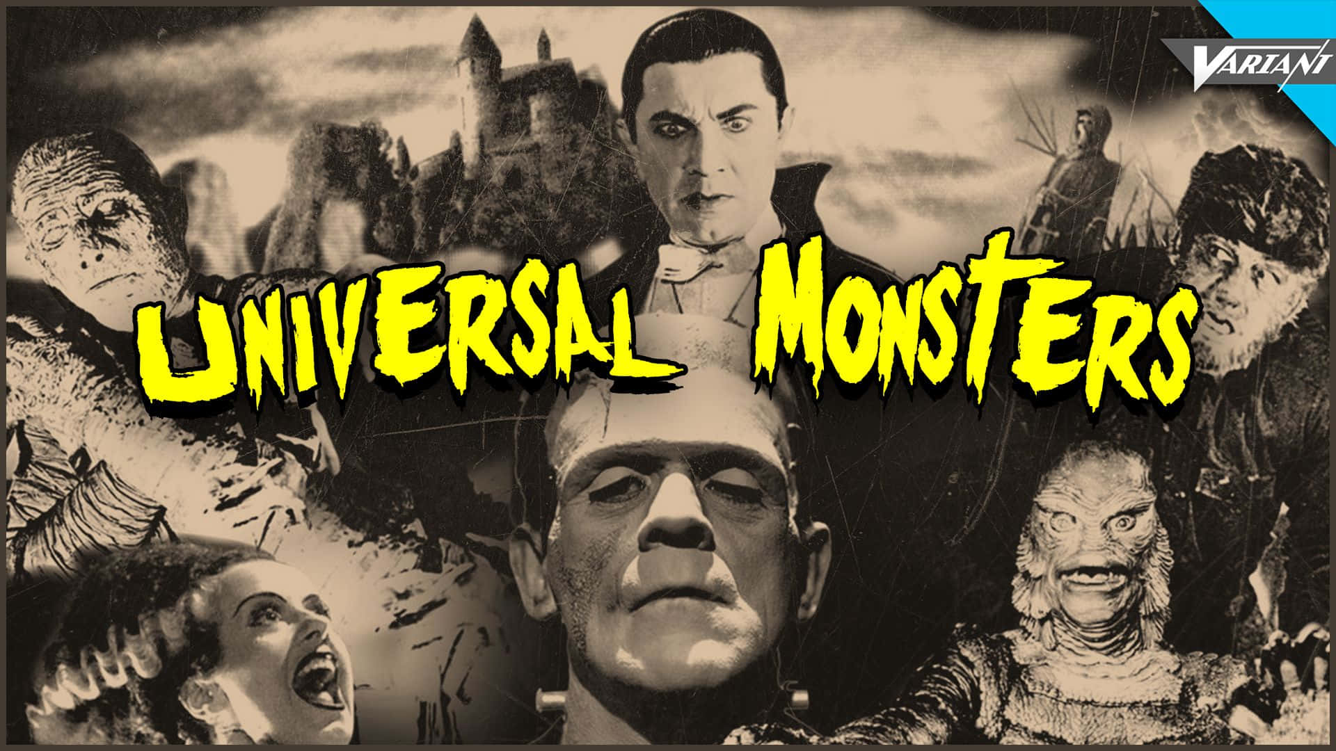 dracula 桌布 壁紙 — 經典環球怪獸的復古拼貼，以粗體黃色文字搭配懷舊褐色恐怖背景。