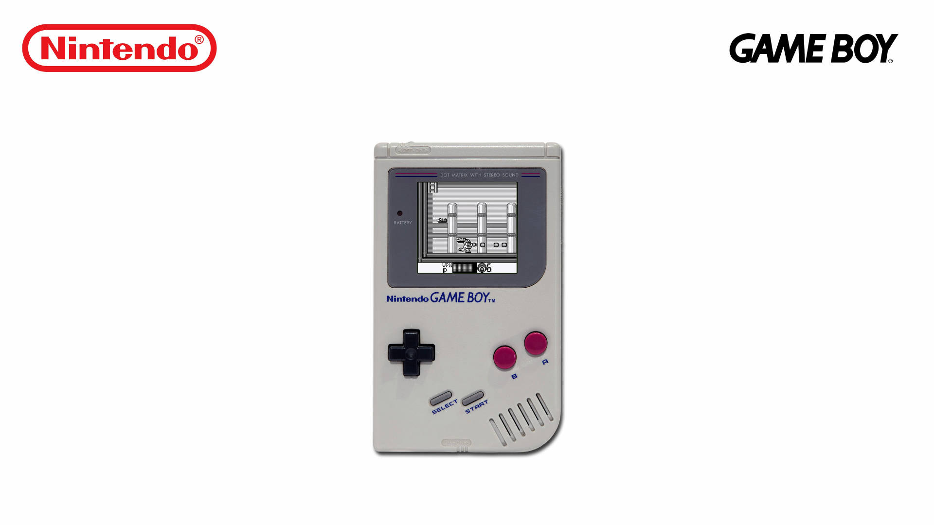 game 桌布 壁紙 — 經典白色任天堂Game Boy在純白背景上，於其單色螢幕顯示俄羅斯方塊遊戲。