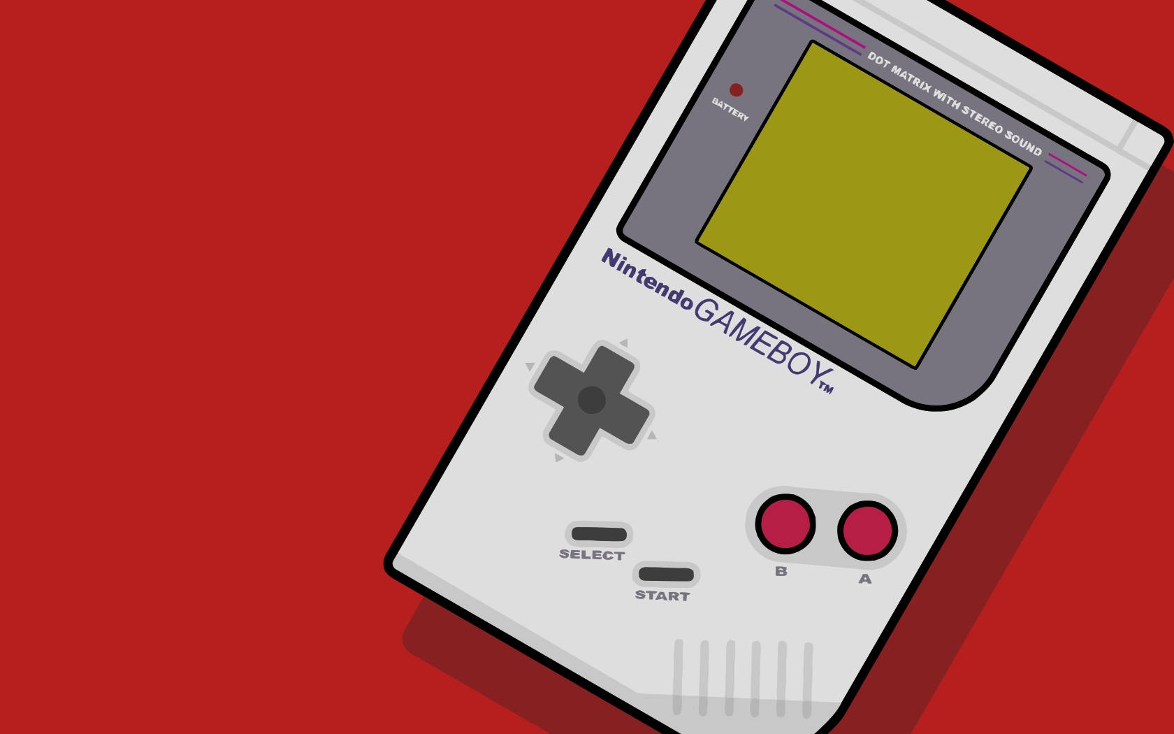 game 桌布 壁紙 — 經典白色任天堂GameBoy，黃色螢幕，斜放在大膽的紅色背景上。