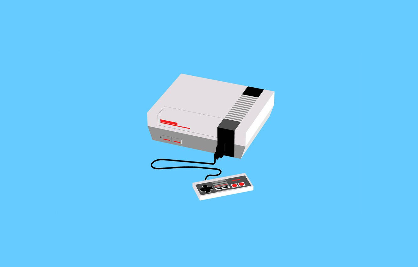 Vintage Minimalist 桌布 壁紙 — 經典白色任天堂娛樂系統主機連控制器漂浮在純藍色背景上。