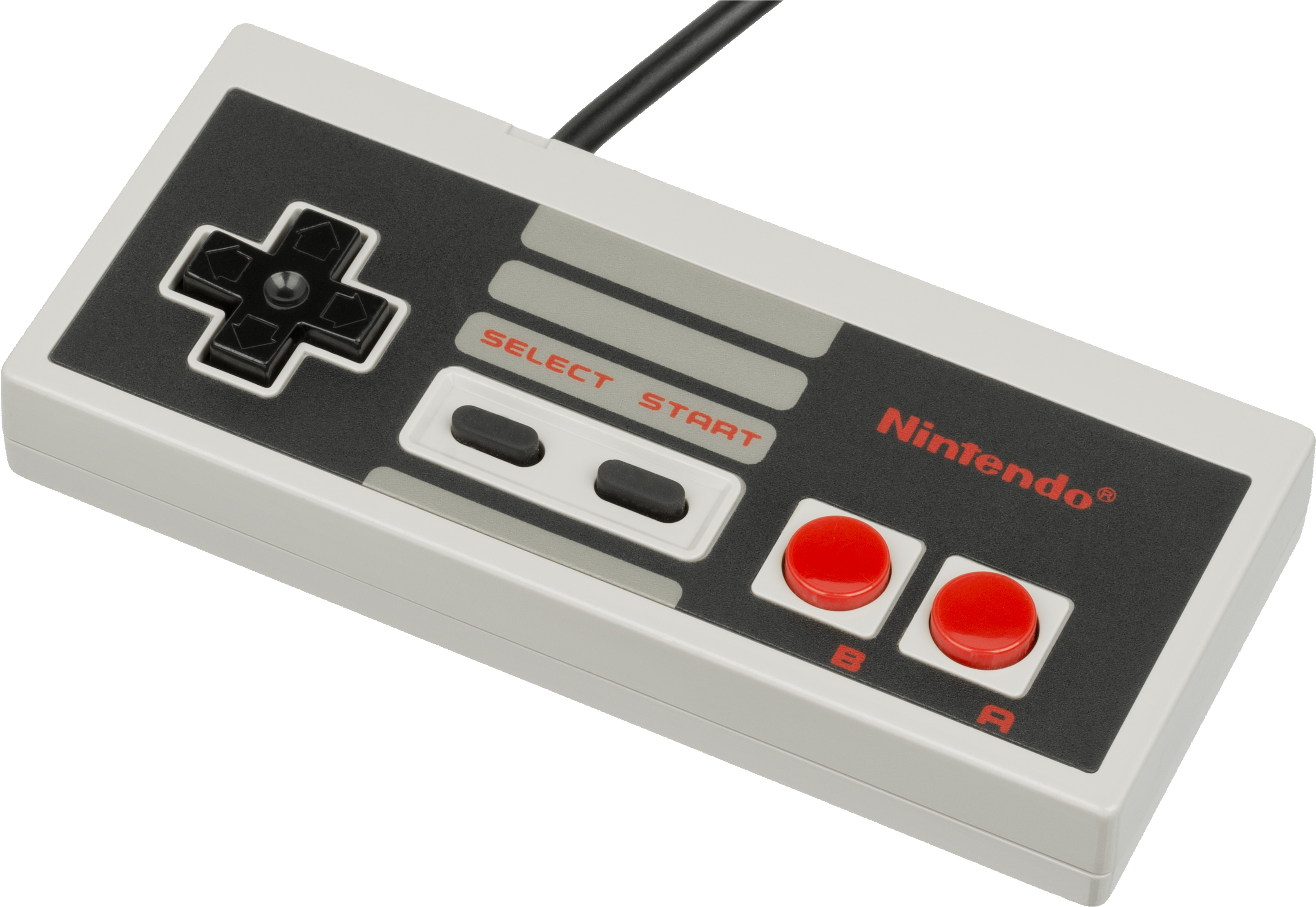Controller 桌布 壁紙 — 經典白色任天堂娛樂系統控制器，帶有紅色按鈕和黑色方向鍵，置於純黑背景前。