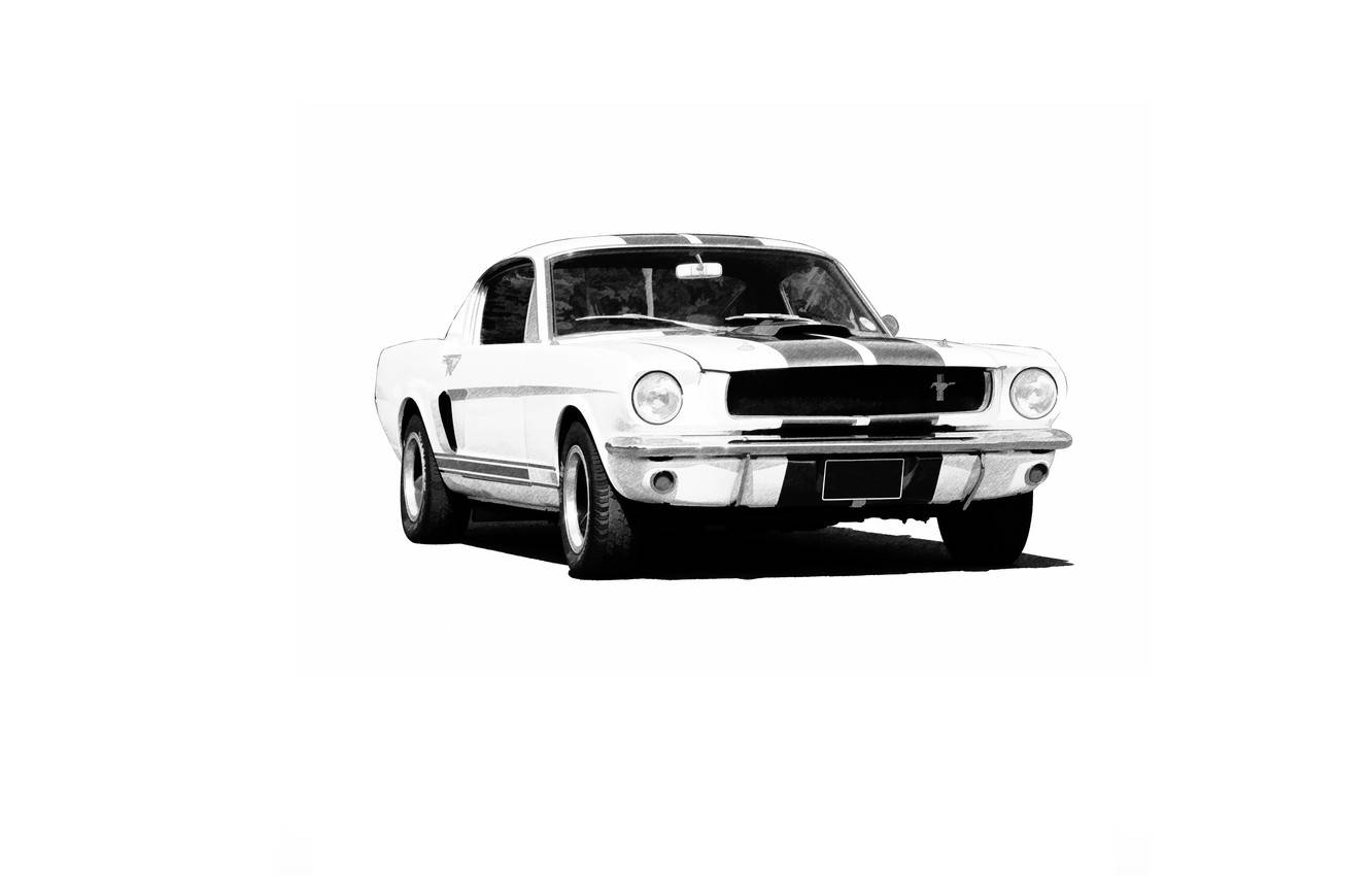 Vintage Minimalist 桌布 壁紙 — 經典白色福特野馬搭配黑色賽車條紋，在純白背景下傲然矗立。