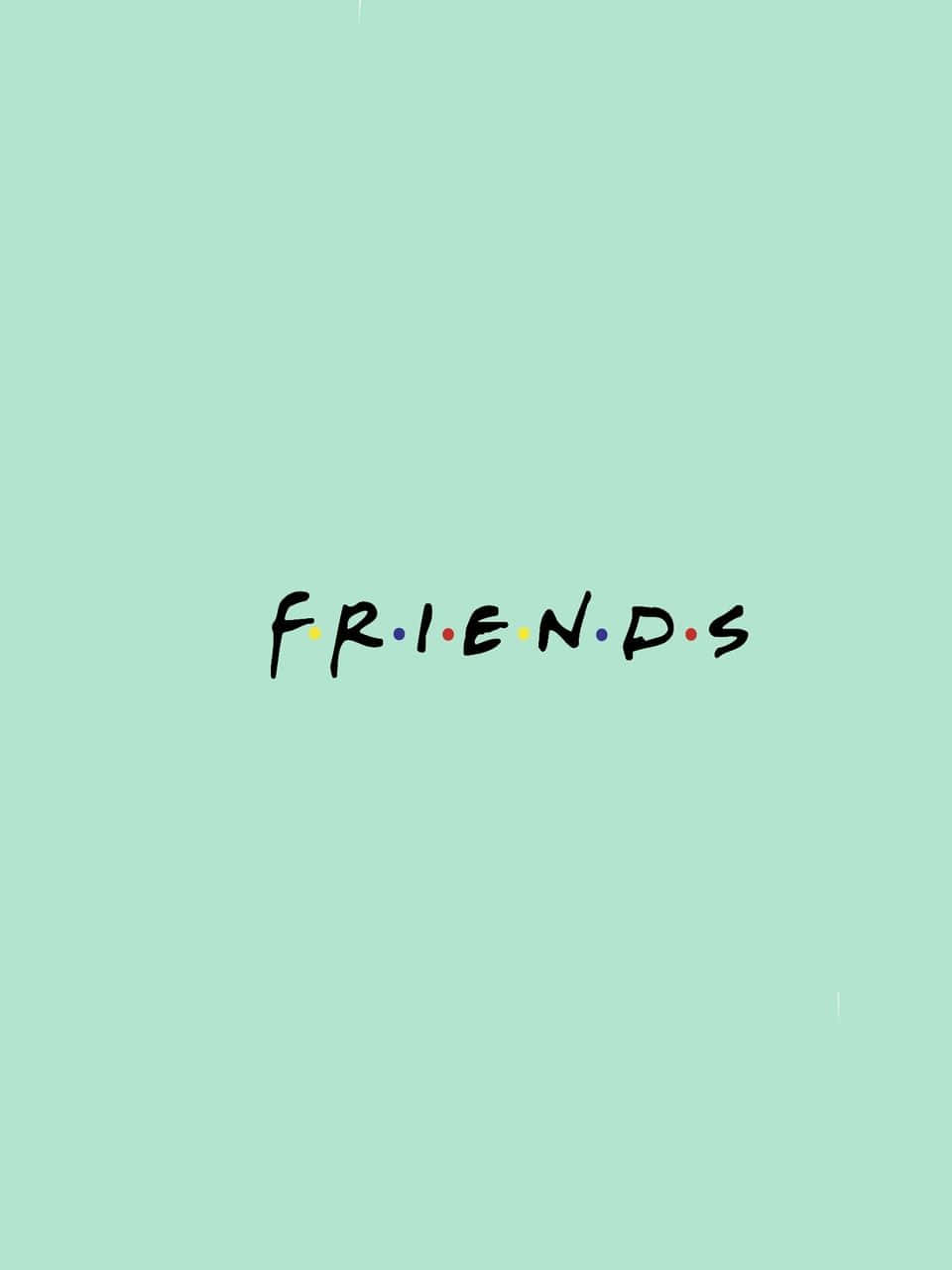 Friends 桌布 壁紙 — 經典的「FRIENDS」標誌以黑色手寫字體呈現，搭配彩色圓點，置中於純薄荷綠色背景上。