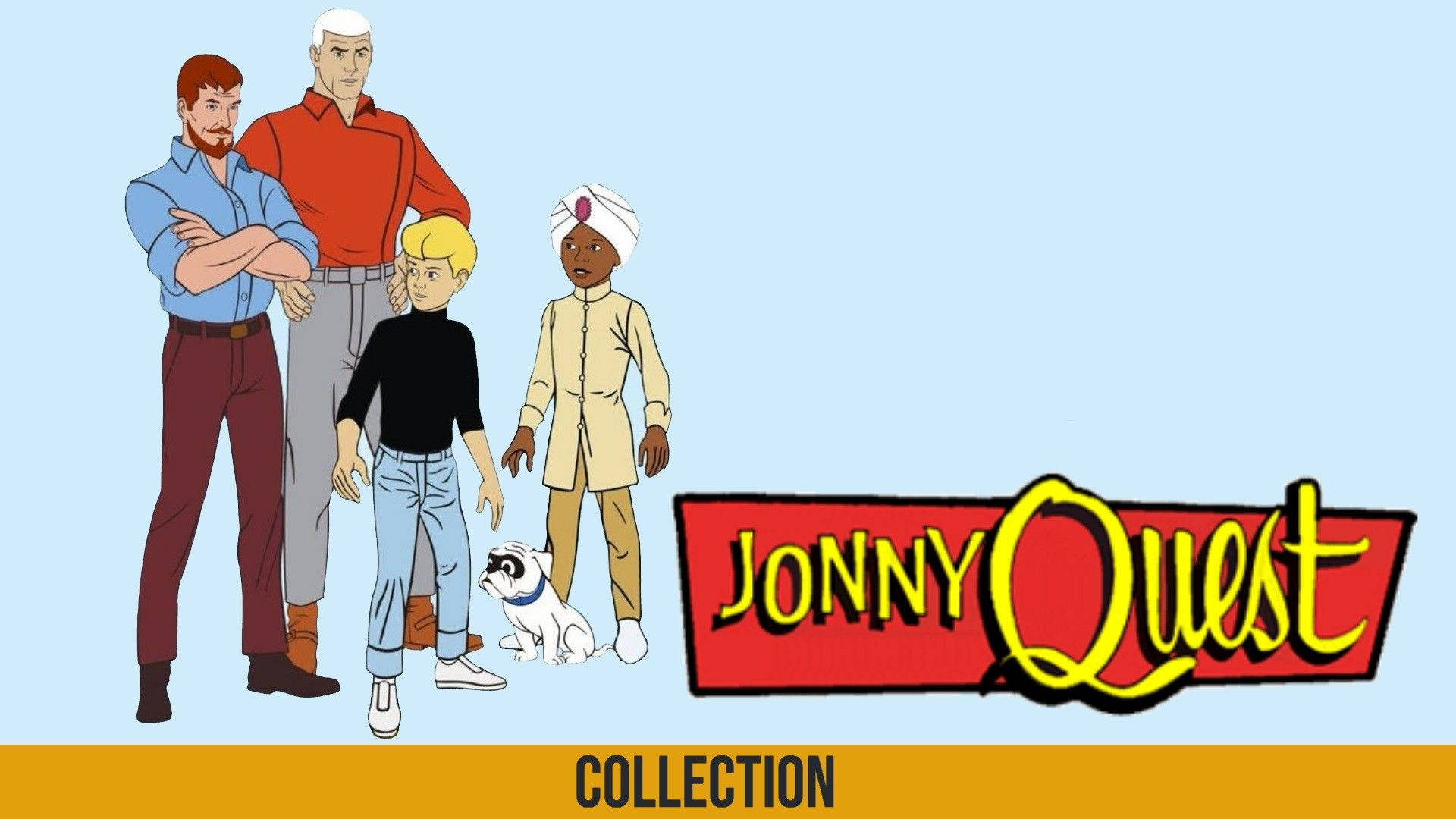 桌布 壁紙 — 經典的 Jonny Quest 卡通角色與他們的狗一起站在純藍色背景前，並帶有節目標誌。