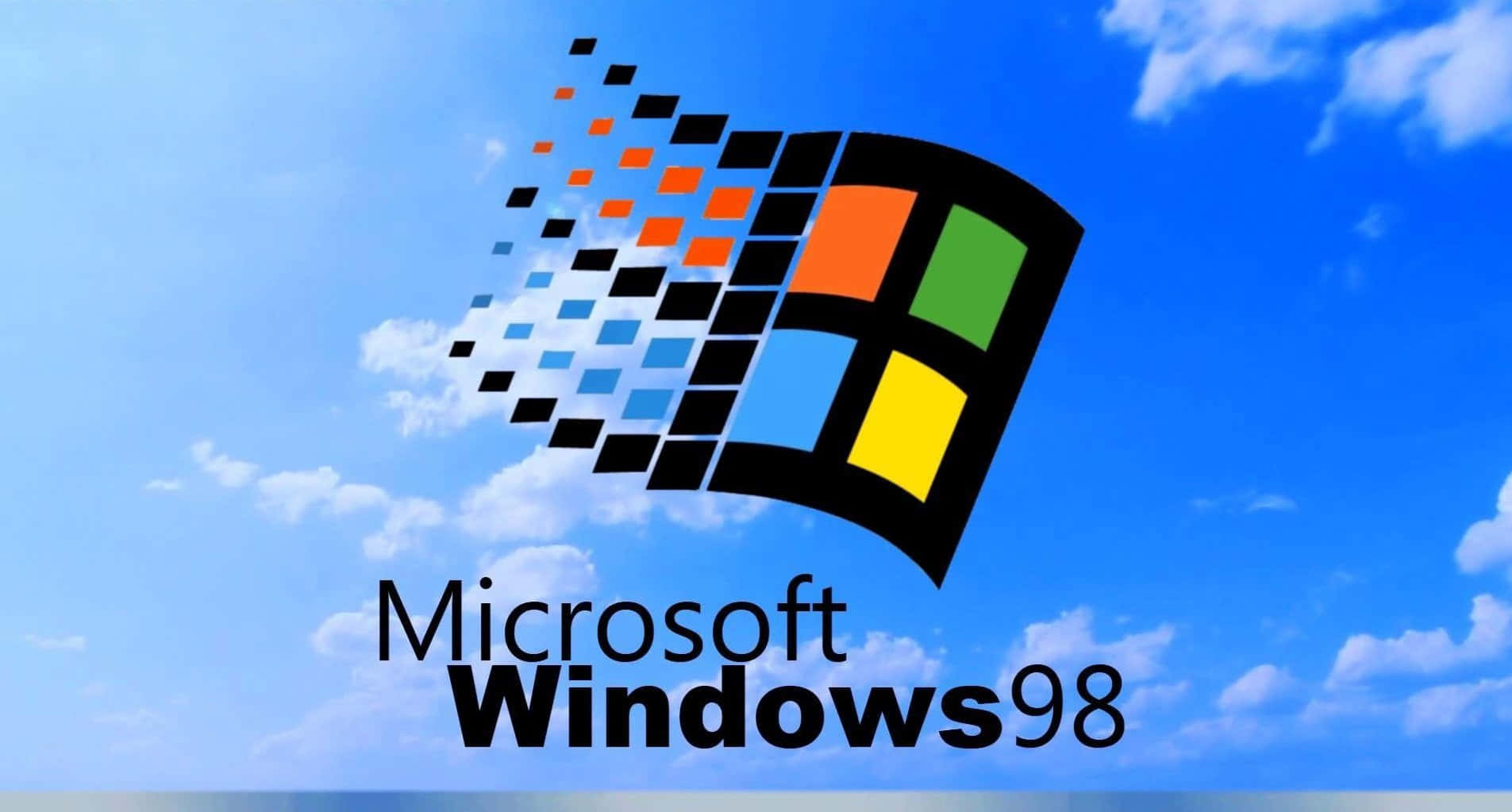 Windows 98 桌布 壁紙 — 經典的 Microsoft Windows 98 標誌帶有像素化軌跡，漂浮在明亮藍天和 fluffy 白雲之間。