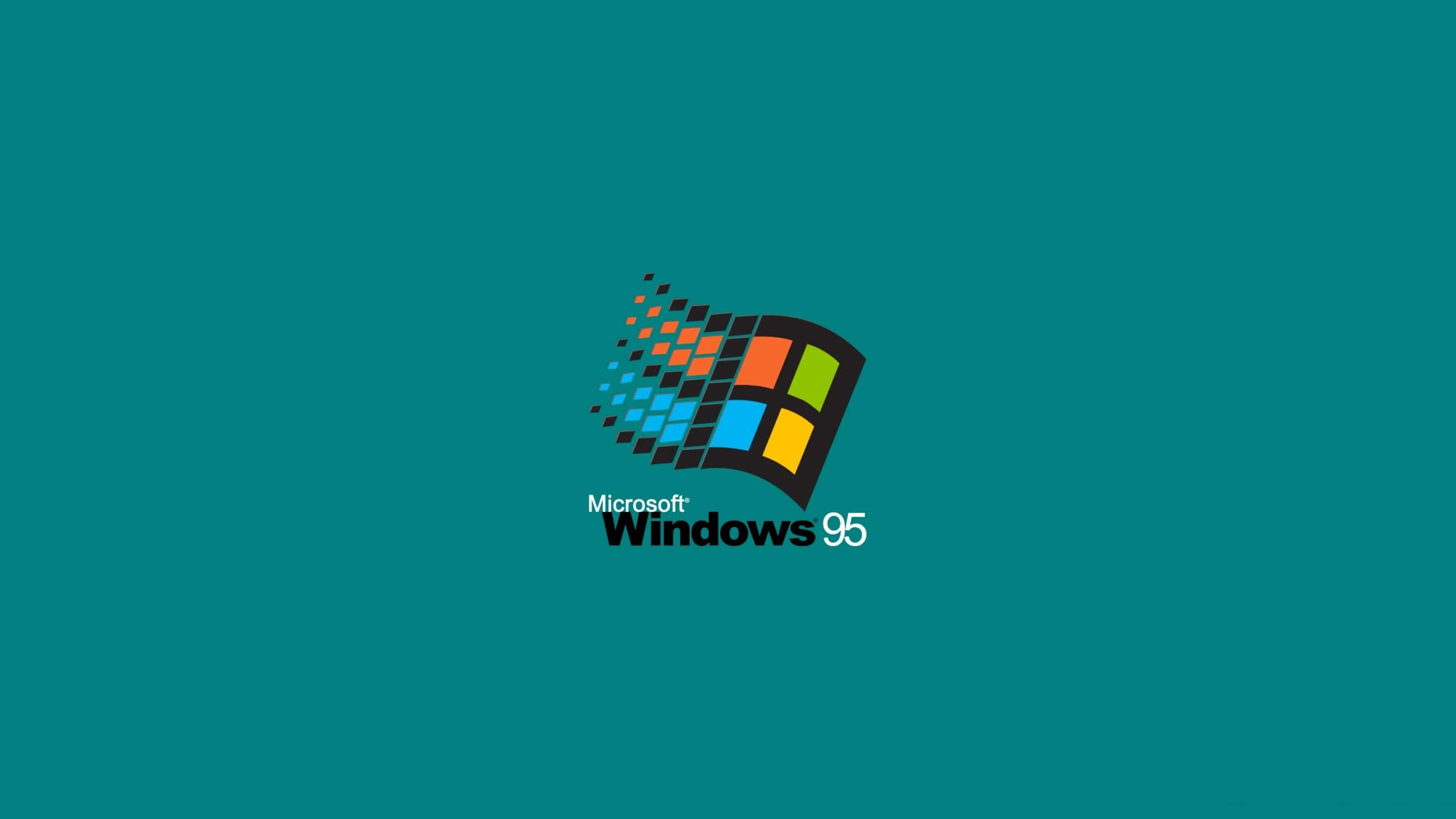 青色GIF 桌布 壁紙 — 經典的 Windows 95 標誌，帶有色彩繽紛的四格視窗和像素化動態效果，背景為青綠色。
