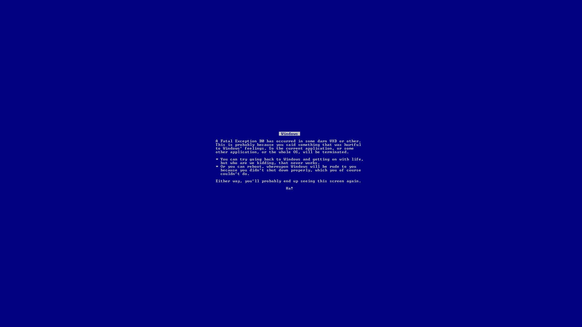 Windows 95 動態圖 桌布 壁紙 — 經典的 Windows 藍色當機畫面，白色錯誤文字顯示在純深藍色背景上。