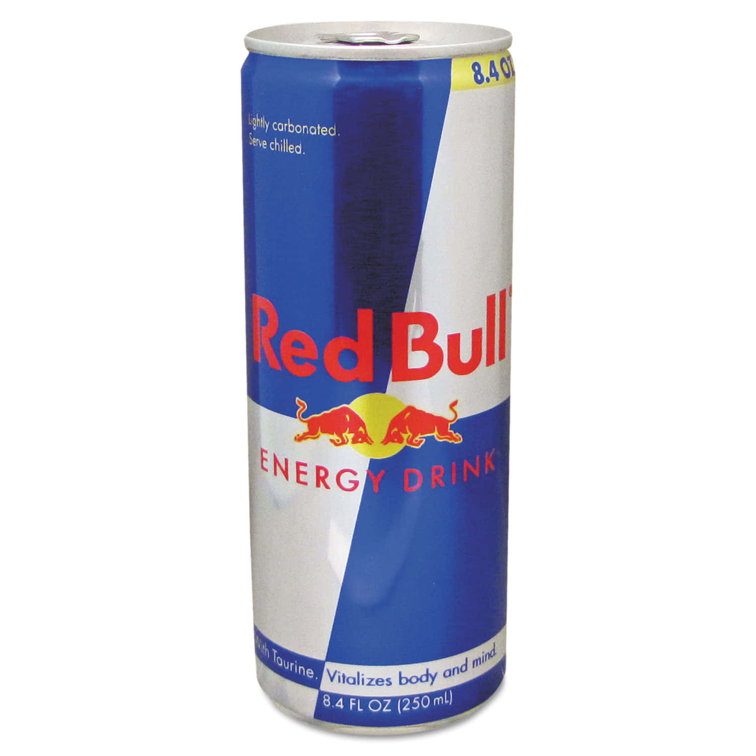 紅牛 桌布 壁紙 — 經典的Red Bull能量飲料罐，帶有醒目的紅、白、藍品牌標識，背景為純白色。