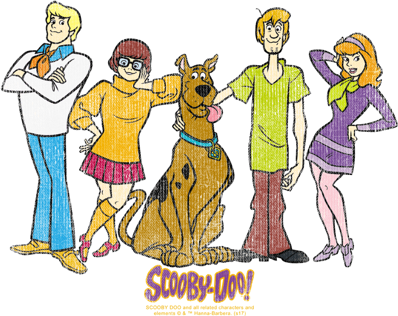 Scooby 桌布 壁紙 — 經典的史酷比卡通團隊在黑色背景前自信地擺出姿勢，帶有1960年代風格的大膽色彩。