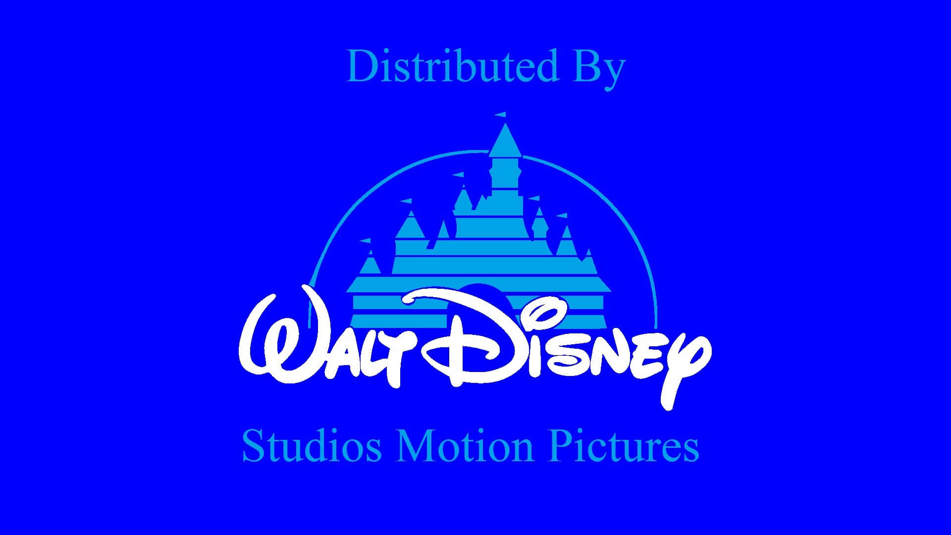 Walt Disney Studios Motion 桌布 壁紙 — 經典的華特迪士尼影業標誌，帶有城堡剪影和斜體文字，背景為純藍色。