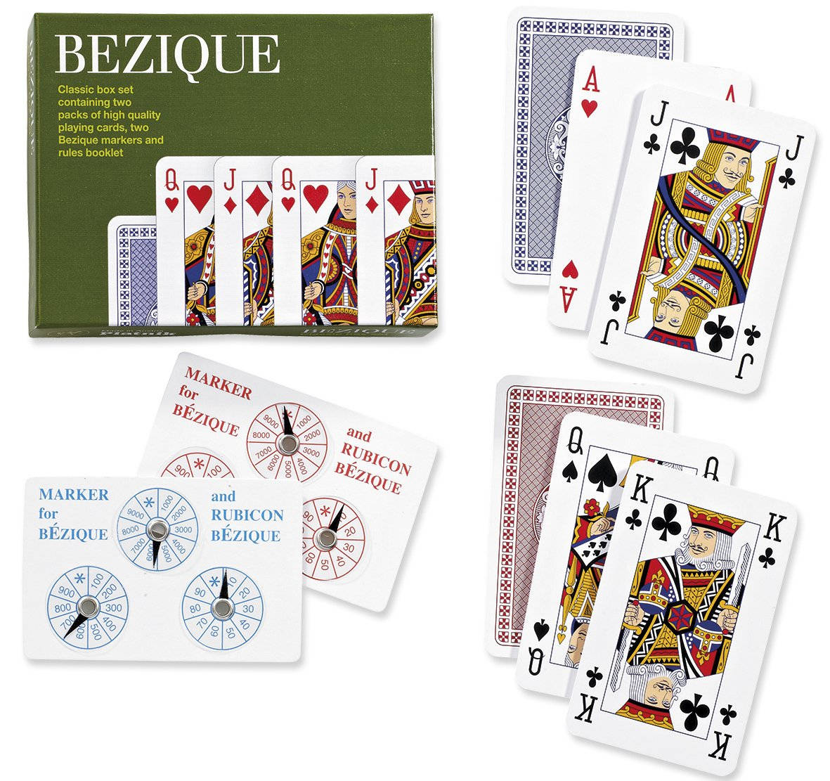 Playing Cards 桌布 壁紙 — 經典的貝齊克紙牌遊戲套裝，飾有華麗的皇家紙牌和計分標記，展示在潔白的背景上。