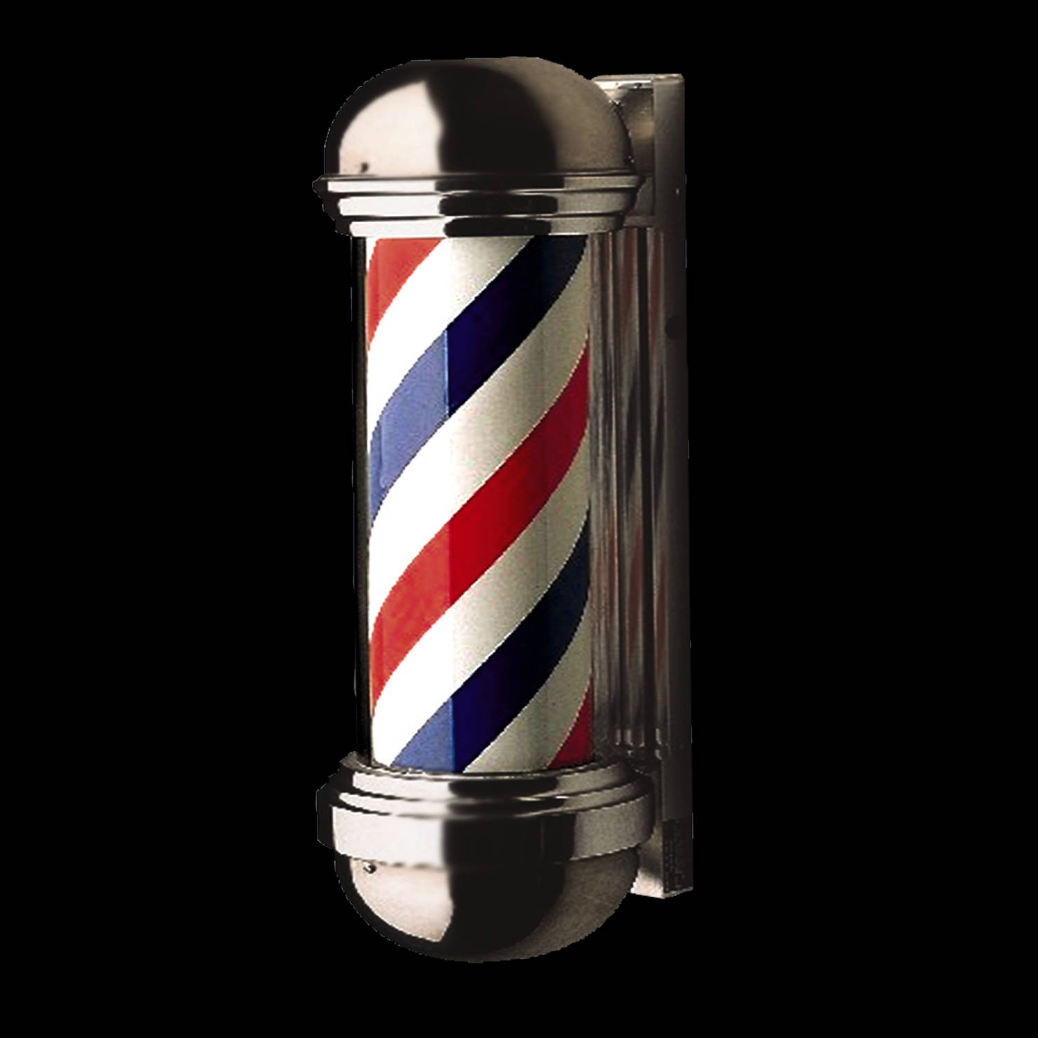 Barber 桌布 壁紙 — 經典的鍍鉻理髮店柱，帶有紅色、白色和藍色斜條紋，背景為黑色。