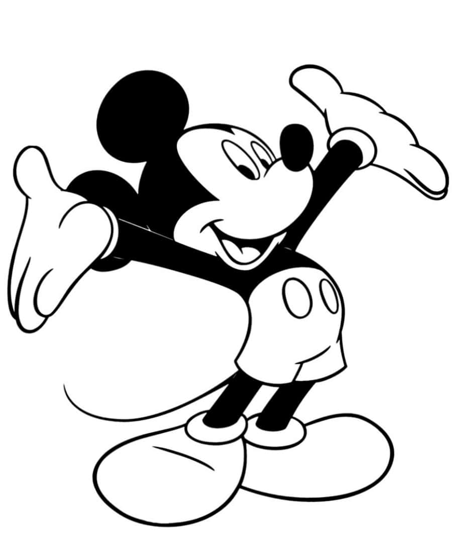 Mickey Mouse Colouring 桌布 壁紙 — 經典米奇老鼠以愉快姿勢展現燦爛笑容及揮手動作，以粗黑線條勾勒於白色背景上。