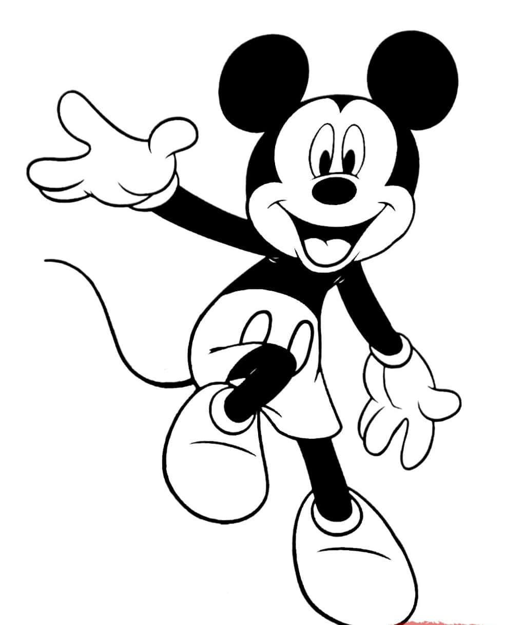 Mickey Mouse Colouring 桌布 壁紙 — 經典米奇老鼠以鮮明的黑白線條藝術風格愉快地揮手。