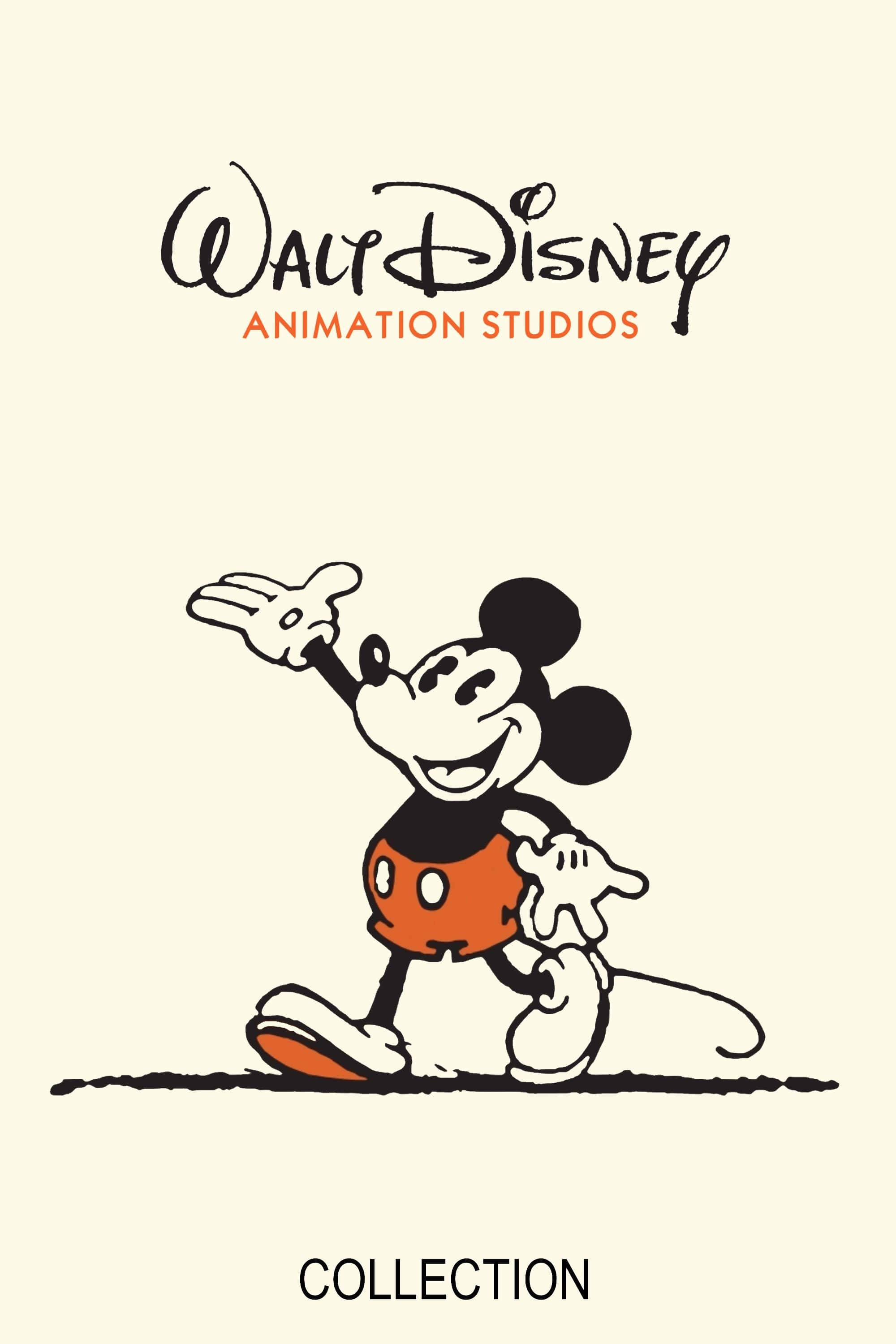 Walt Disney Studios Motion 桌布 壁紙 — 經典米奇老鼠在奶油色背景上以極簡黑色和橙色插圖愉快地揮手。