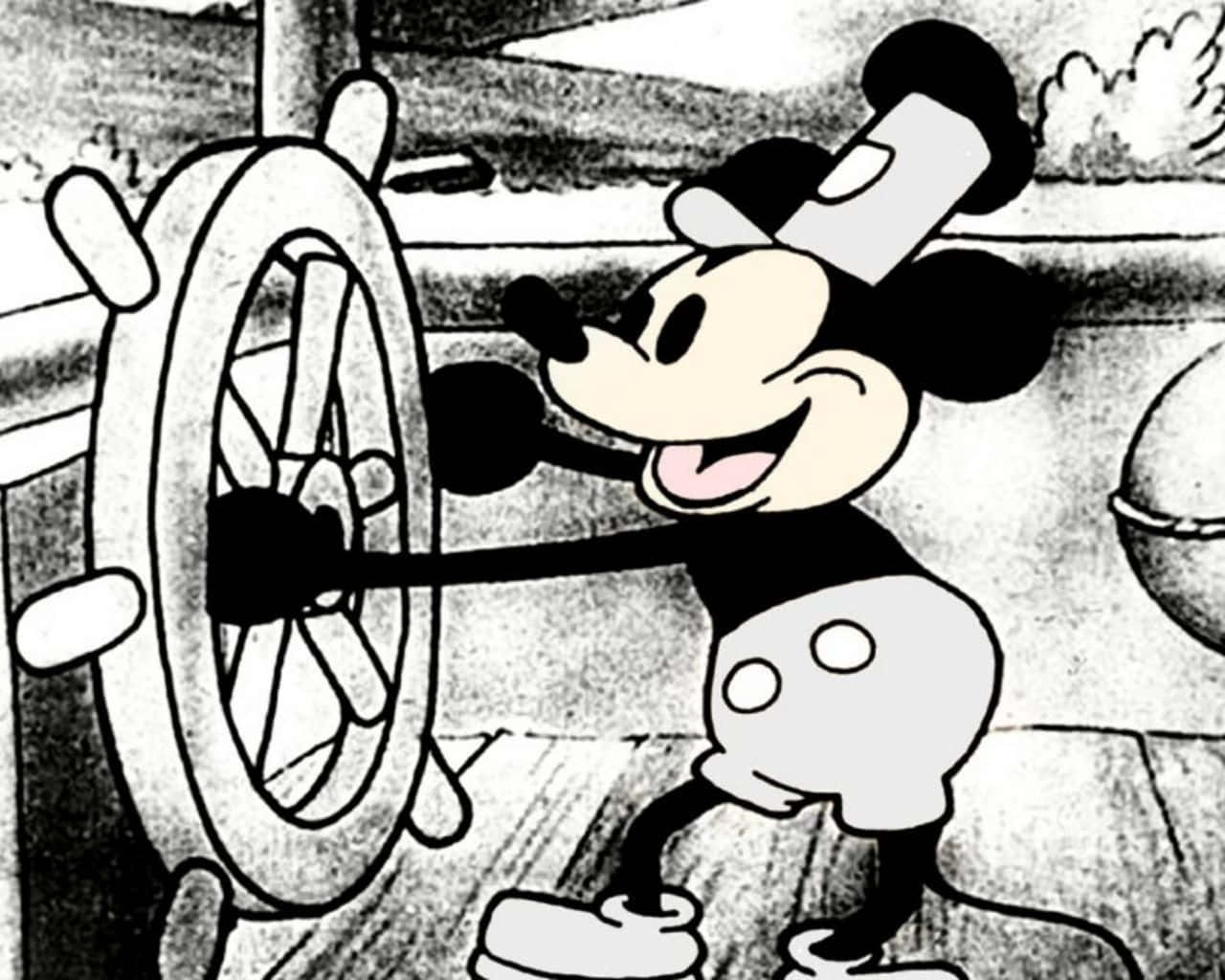 Vintage Cartoon Aesthetic 桌布 壁紙 — 經典米奇老鼠在復古黑白卡通場景中快樂地操控船的舵輪。
