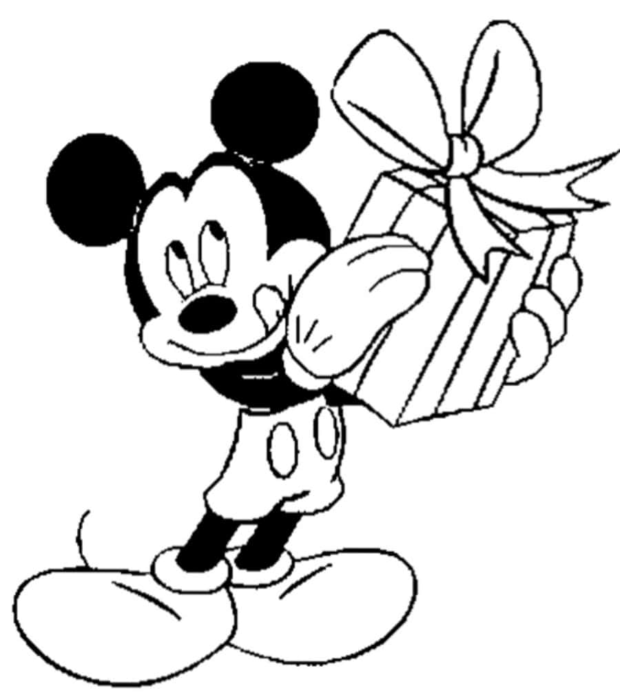 Mickey Mouse Colouring 桌布 壁紙 — 經典米奇老鼠手持一個附有蝴蝶結的禮物盒，呈現歡樂的黑白線條畫。