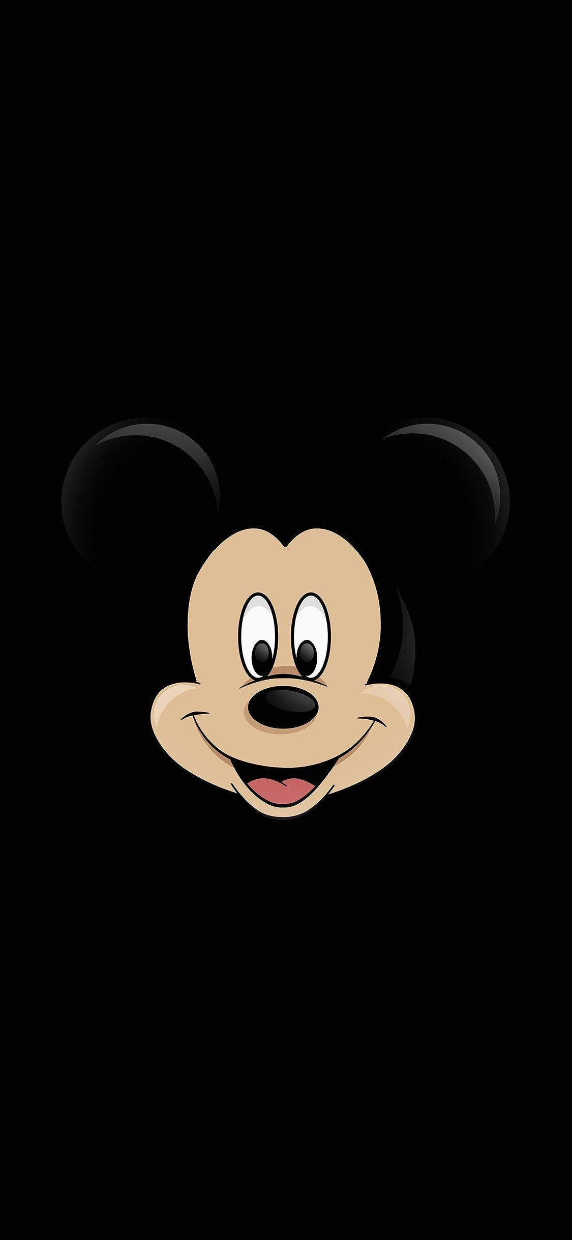 iPhone x cartoon 桌布 壁紙 — 經典米奇老鼠臉孔，大耳朵和愉快笑容，居中於純黑色背景上。