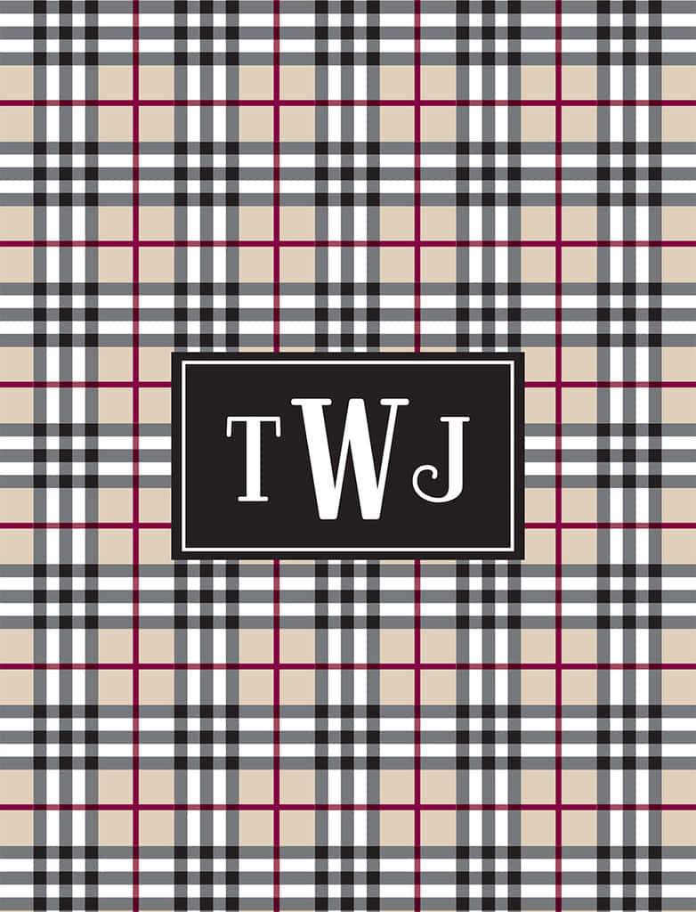 Burberry 桌布 壁紙 — 經典米色、黑色和白色格子壁紙，中央有一個黑色字母組合框，以白色襯線字體顯示 TWJ。
