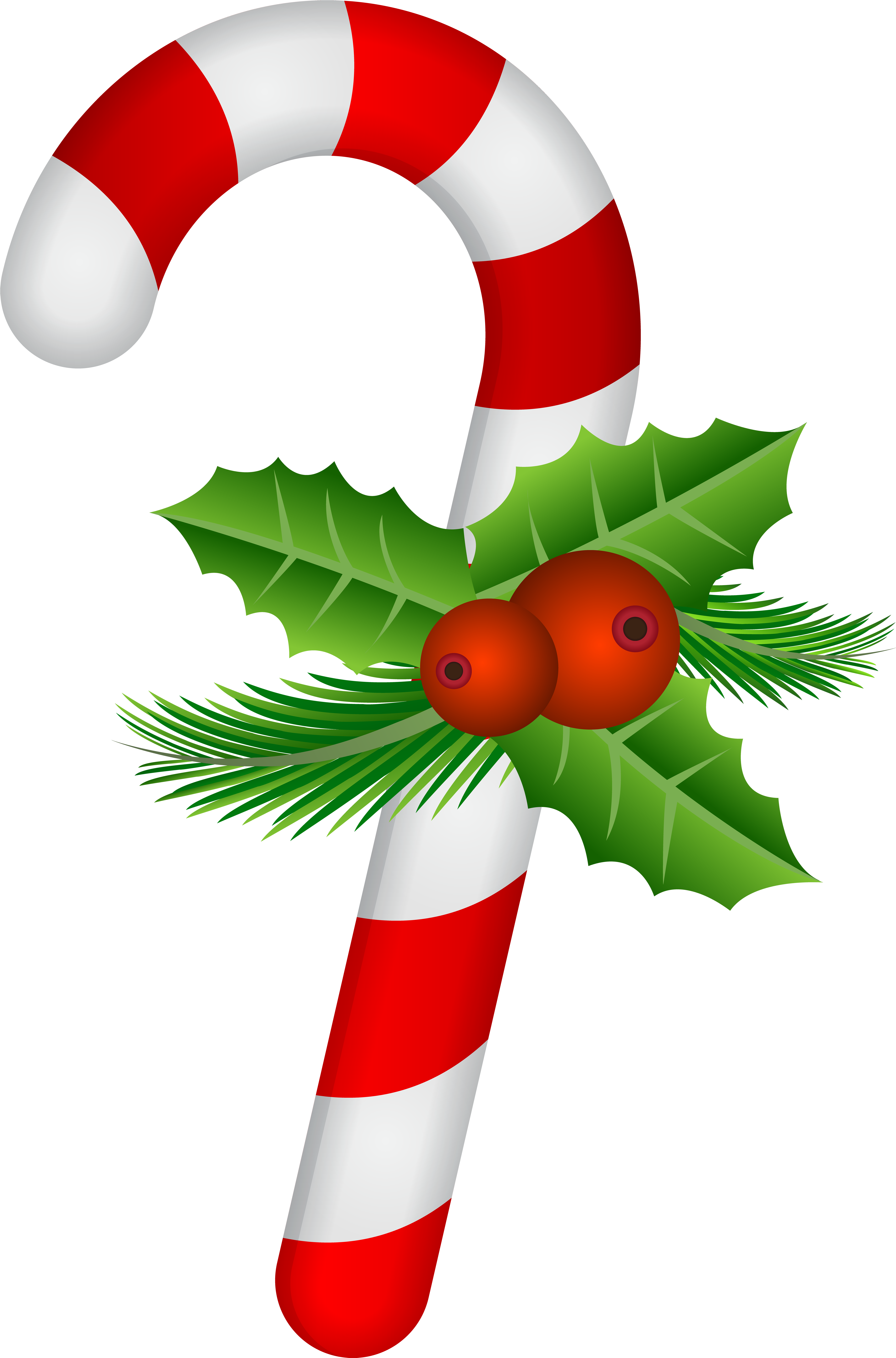 Christmas Clip Art 桌布 壁紙 — 經典紅白條紋拐杖糖，飾以綠色冬青葉和紅色漿果，黑色背景。
