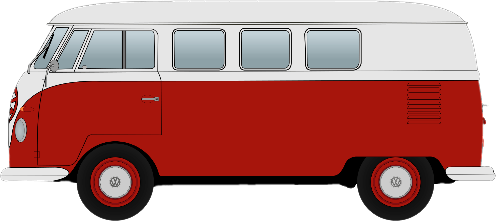 福斯汽車 桌布 壁紙 — 經典紅白雙色分體式車窗福斯廂型車，側面輪廓展示在黑色背景上。