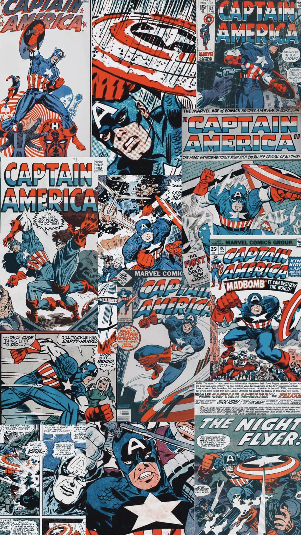 Retro Captain America 桌布 壁紙 — 經典美國隊長漫畫面板的充滿活力的拼貼畫，展示動態動作姿勢和大膽的復古漫畫藝術。