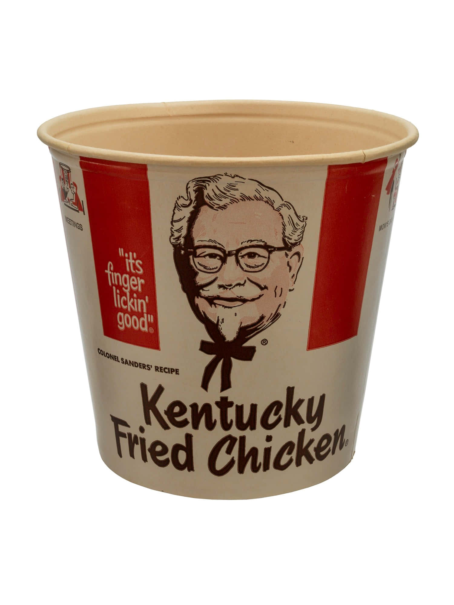 Kfc 桌布 壁紙 — 經典肯德基桶，上面有桑德斯上校的笑臉和標誌性的紅白品牌標識。