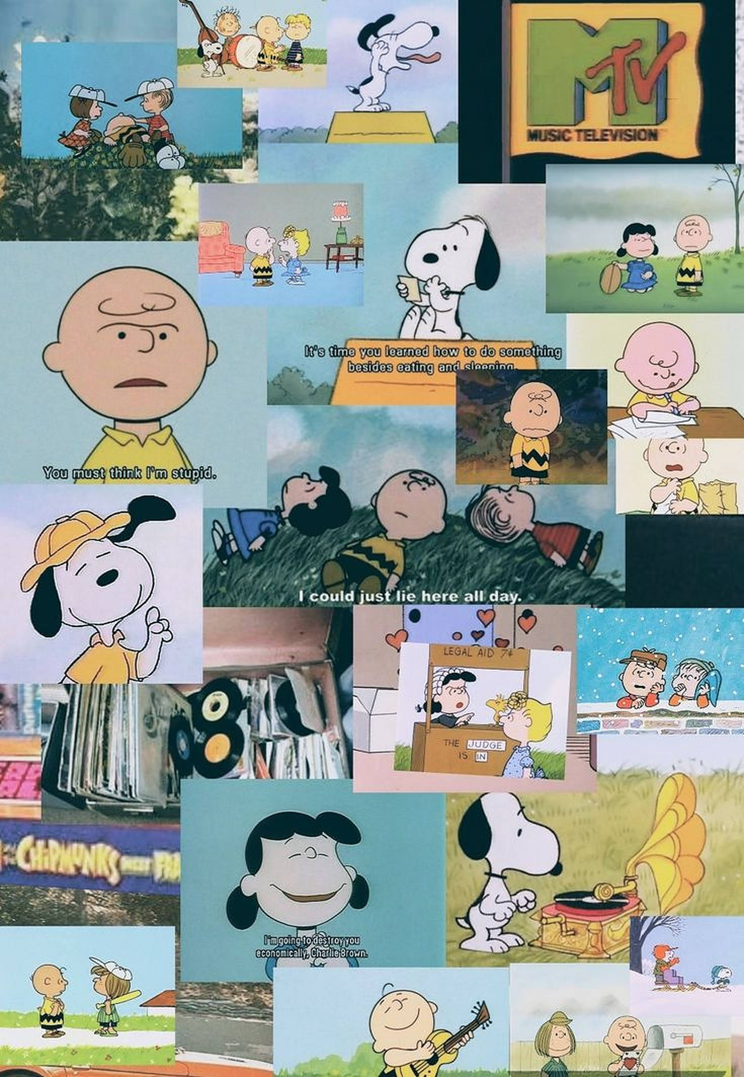 查理布朗 動圖 桌布 壁紙 — 經典花生漫畫連環圖的鮮明拼貼， featuring Charlie Brown、Snoopy 和朋友們在懷舊動畫場景中。