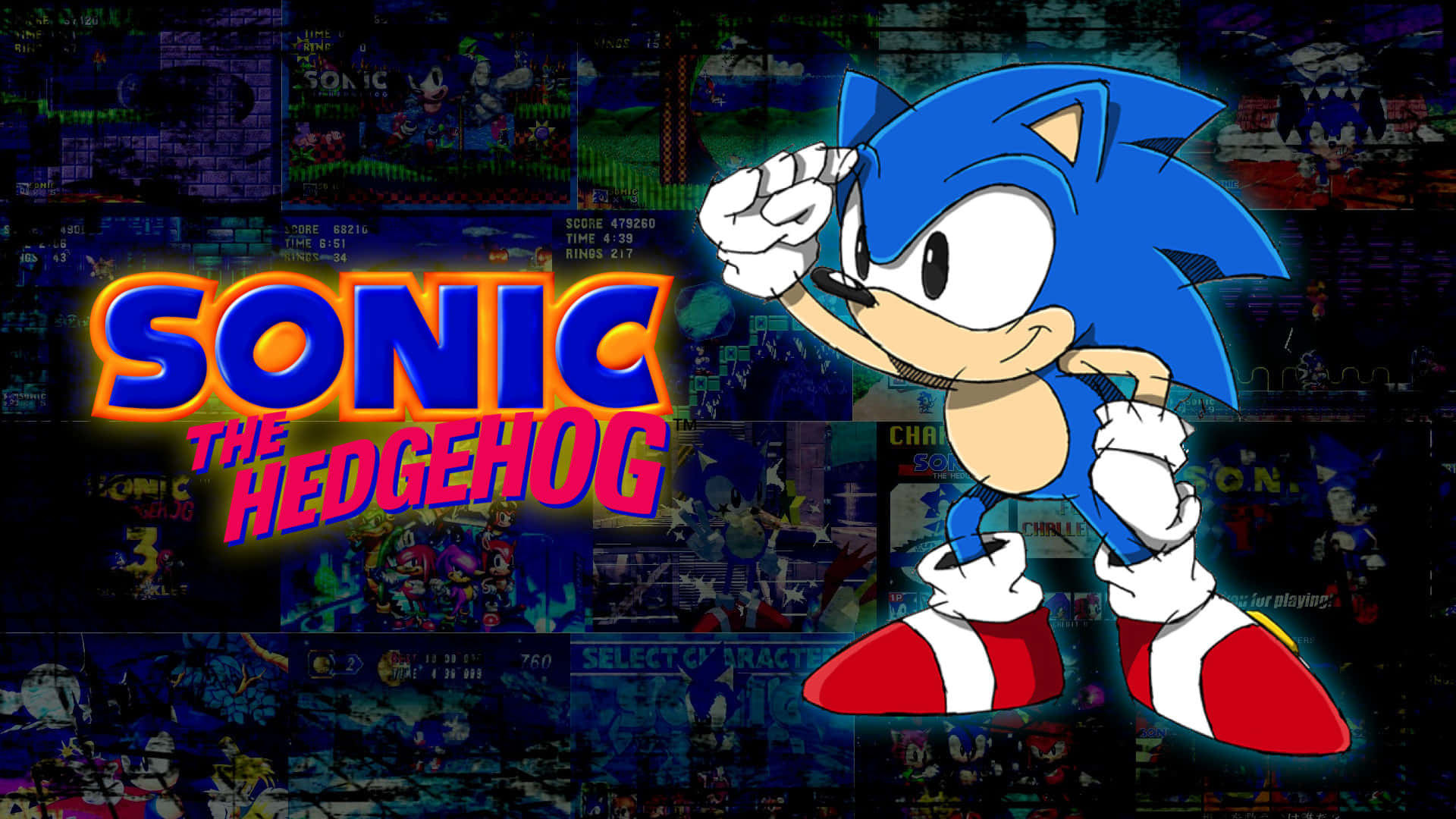 Classic Sonic 桌布 壁紙 — 經典藍紅配色姿勢的刺蝟索尼克，背景為復古遊戲畫面拼貼。